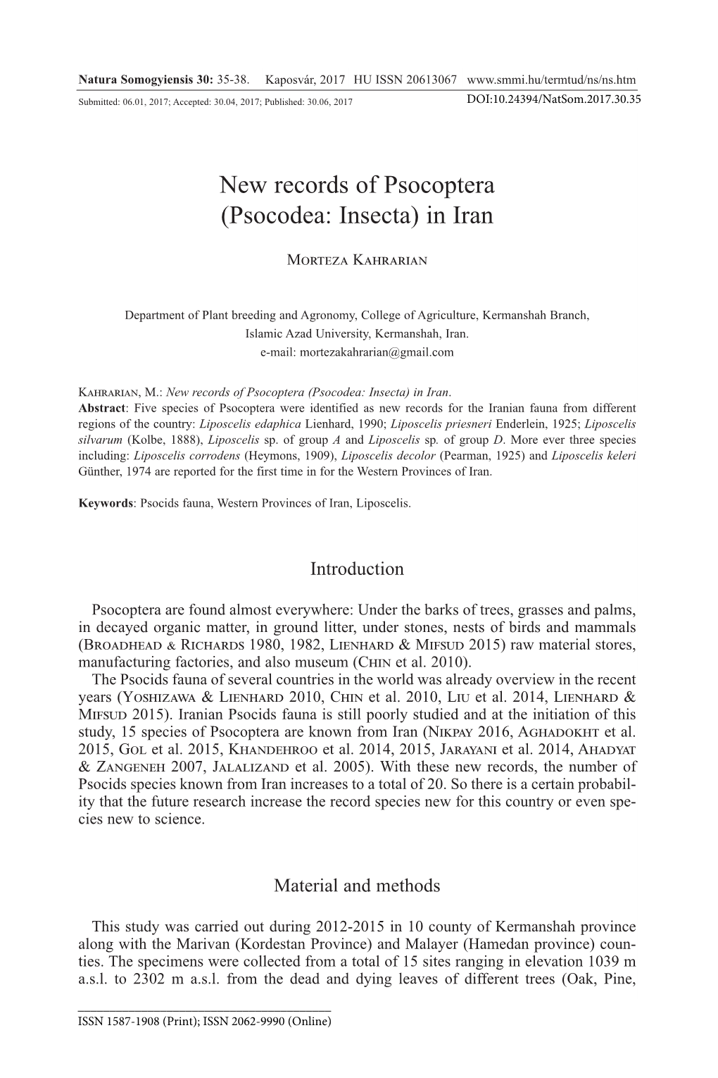 New Records of Psocoptera (Psocodea: Insecta) in Iran