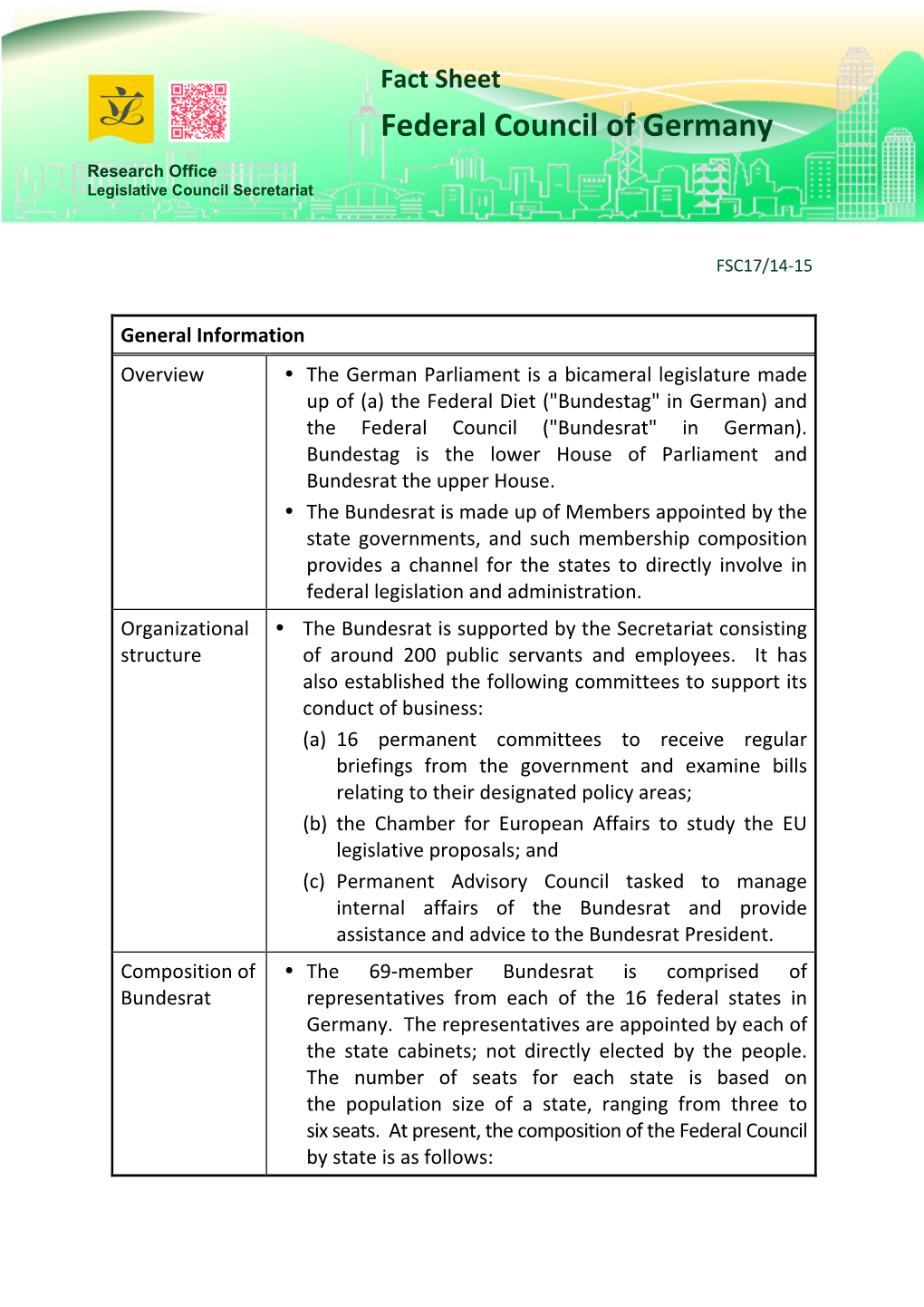 Fact Sheet on "Federal Council of Germany"