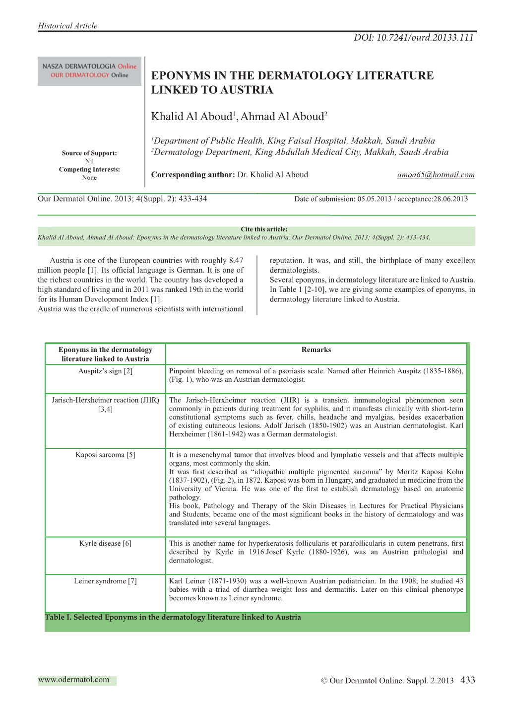 EPONYMS in the DERMATOLOGY LITERATURE LINKED to AUSTRIA Khalid Al Aboud1,Ahmad Al Aboud