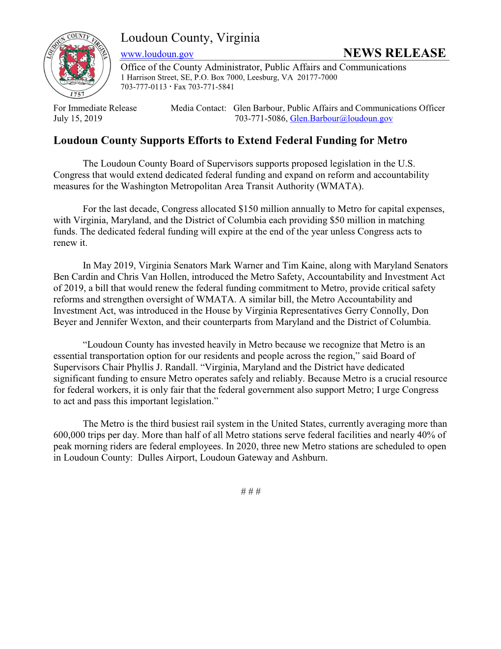 NEWS RELEASE Office of the County Administrator, Public Affairs and Communications 1 Harrison Street, SE, P.O