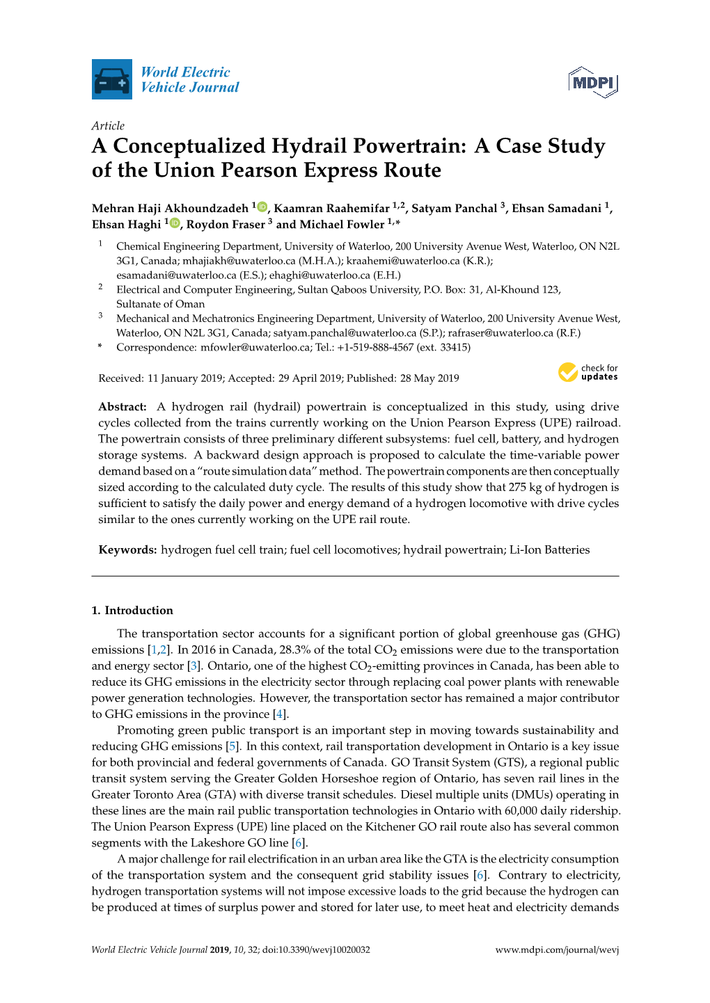 A Conceptualized Hydrail Powertrain: a Case Study of the Union Pearson Express Route