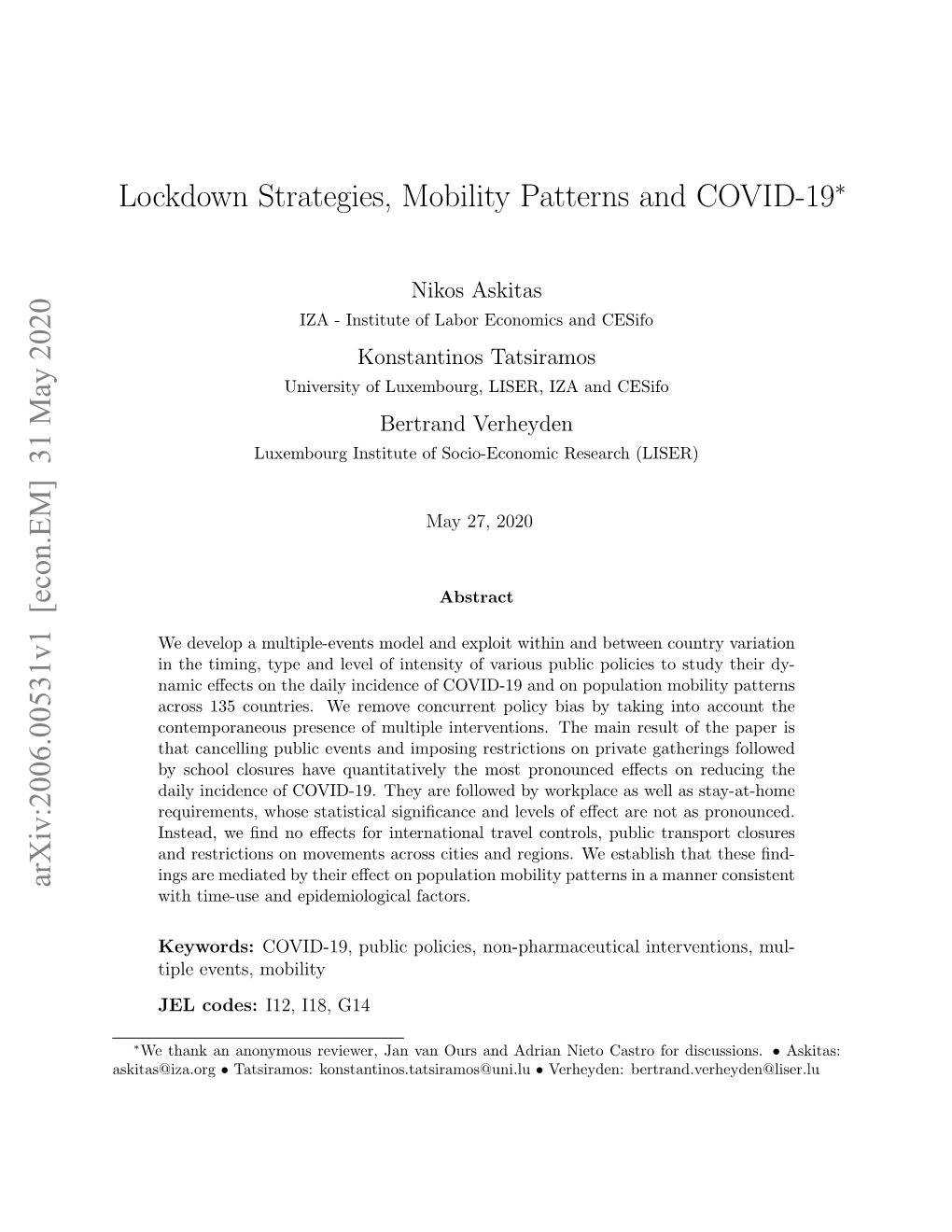 Lockdown Strategies, Mobility Patterns and COVID-19 Arxiv