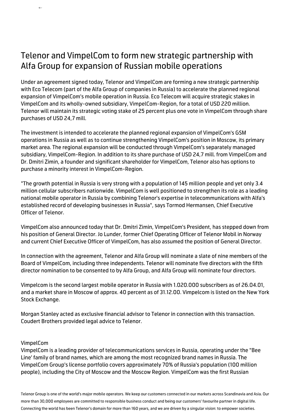 Telenor and Vimpelcom to Form New Strategic Partnership with Alfa Group for Expansion of Russian Mobile Operations