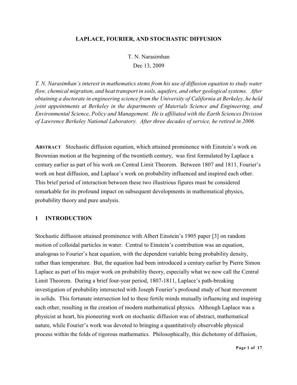 Laplace, Fourier, and Stochastic Diffusion