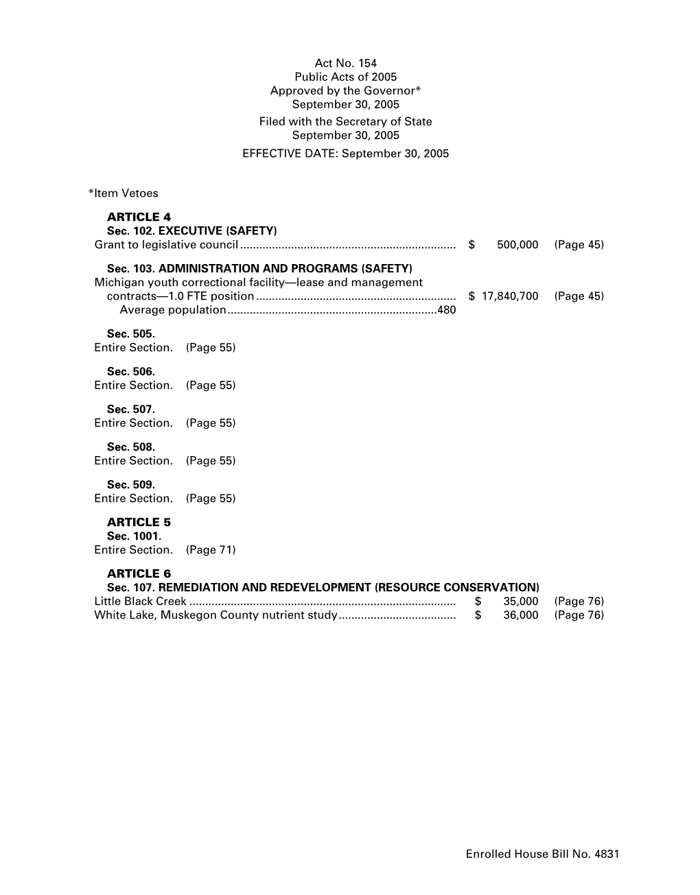 Act No. 154 Public Acts of 2005 Approved by the Governor* September 30, 2005 Filed with the Secretary of State September 30, 2005 EFFECTIVE DATE: September 30, 2005