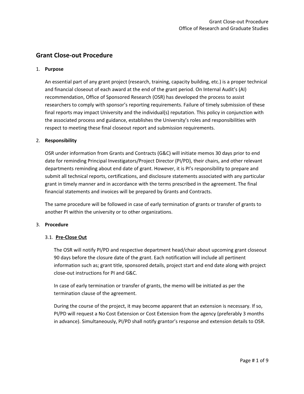 OSR Grant Closeout Procedure and Checklist