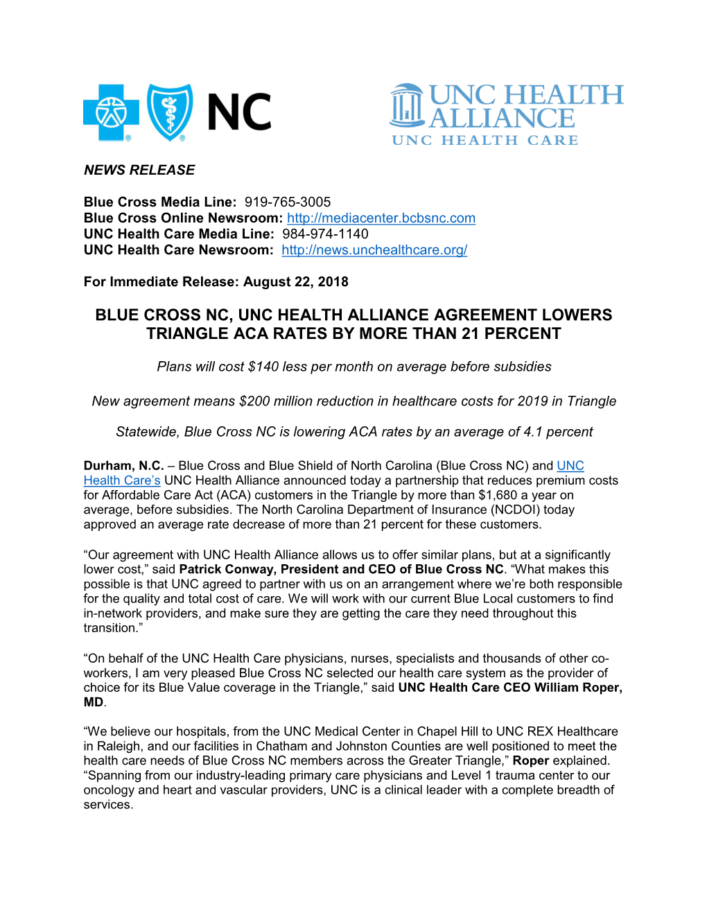 Blue Cross NC, UNC Health Alliance Agreement Lowers Tringle ACA Rates by More Than 21 Percent