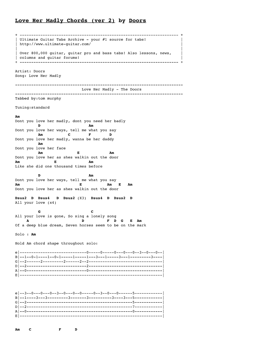 Love Her Madly Chords (Ver 2) by Doors Tabs @ Ultimate Guitar Archive