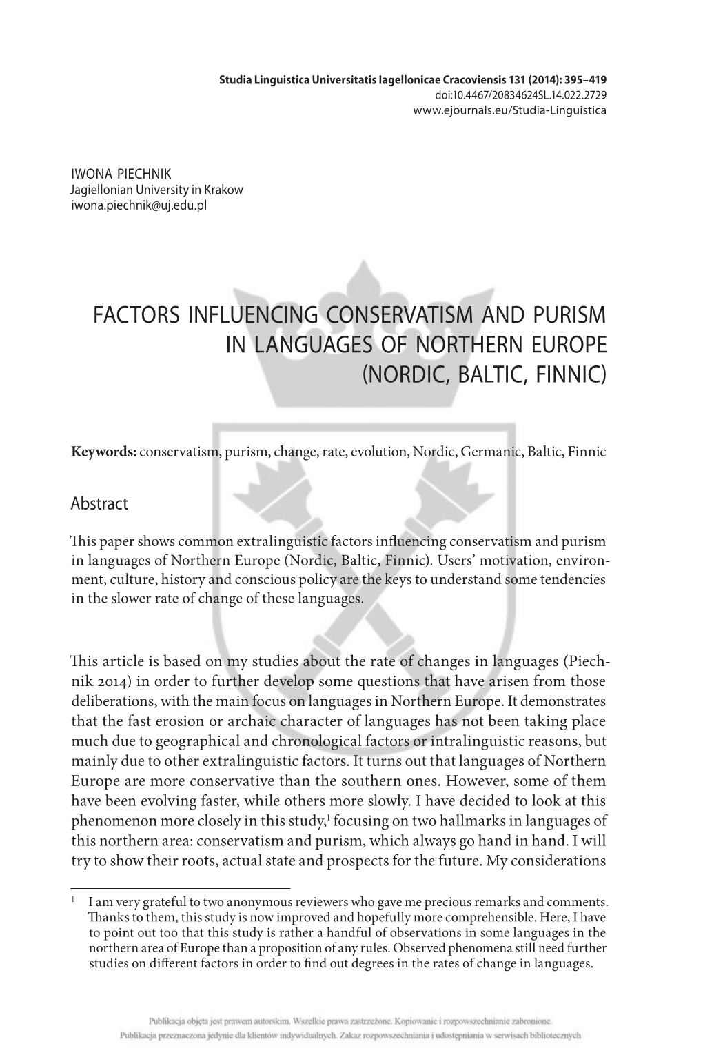 Factors Influencing Conservatism and Purism in Languages of Northern Europe (Nordic, Baltic, Finnic)