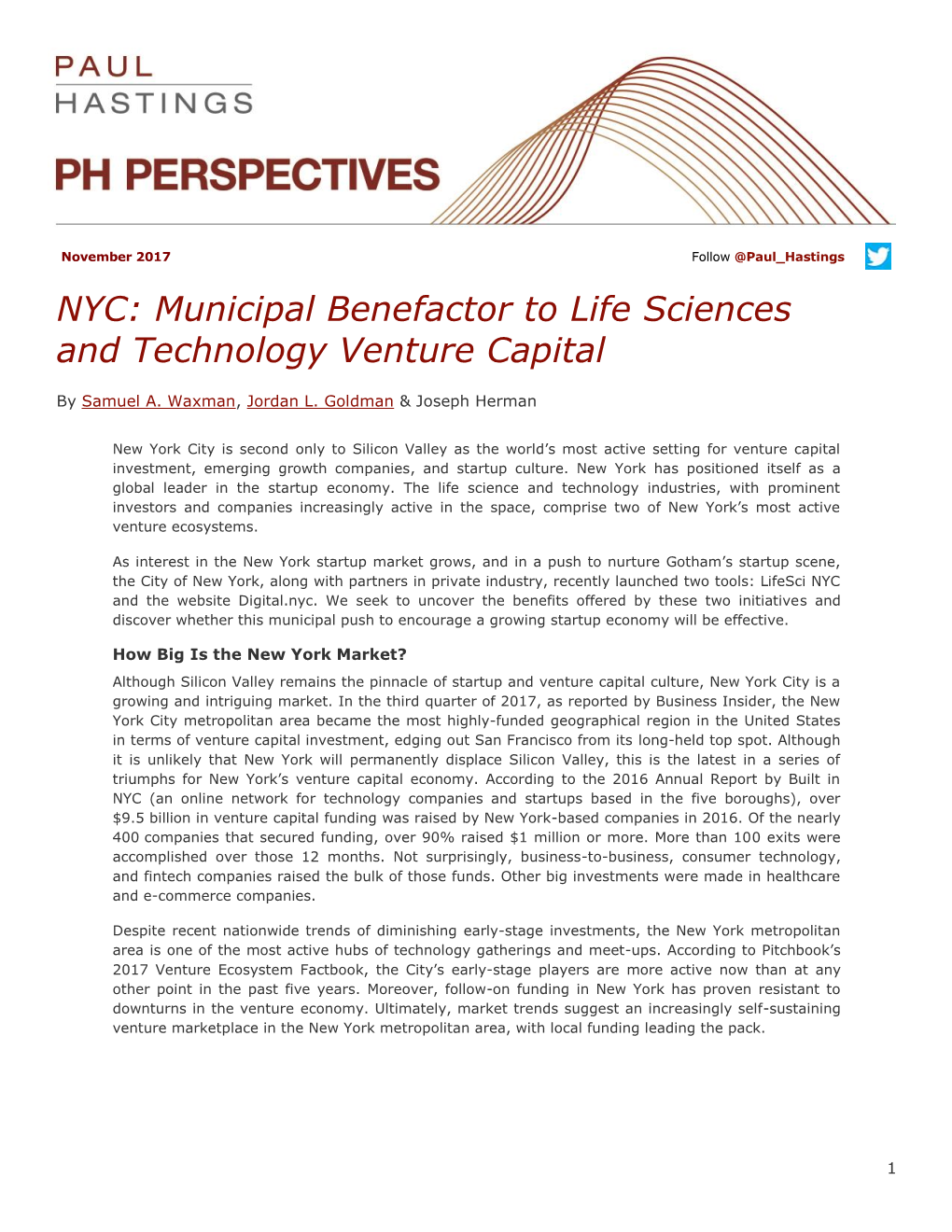 NYC: Municipal Benefactor to Life Sciences and Technology Venture Capital