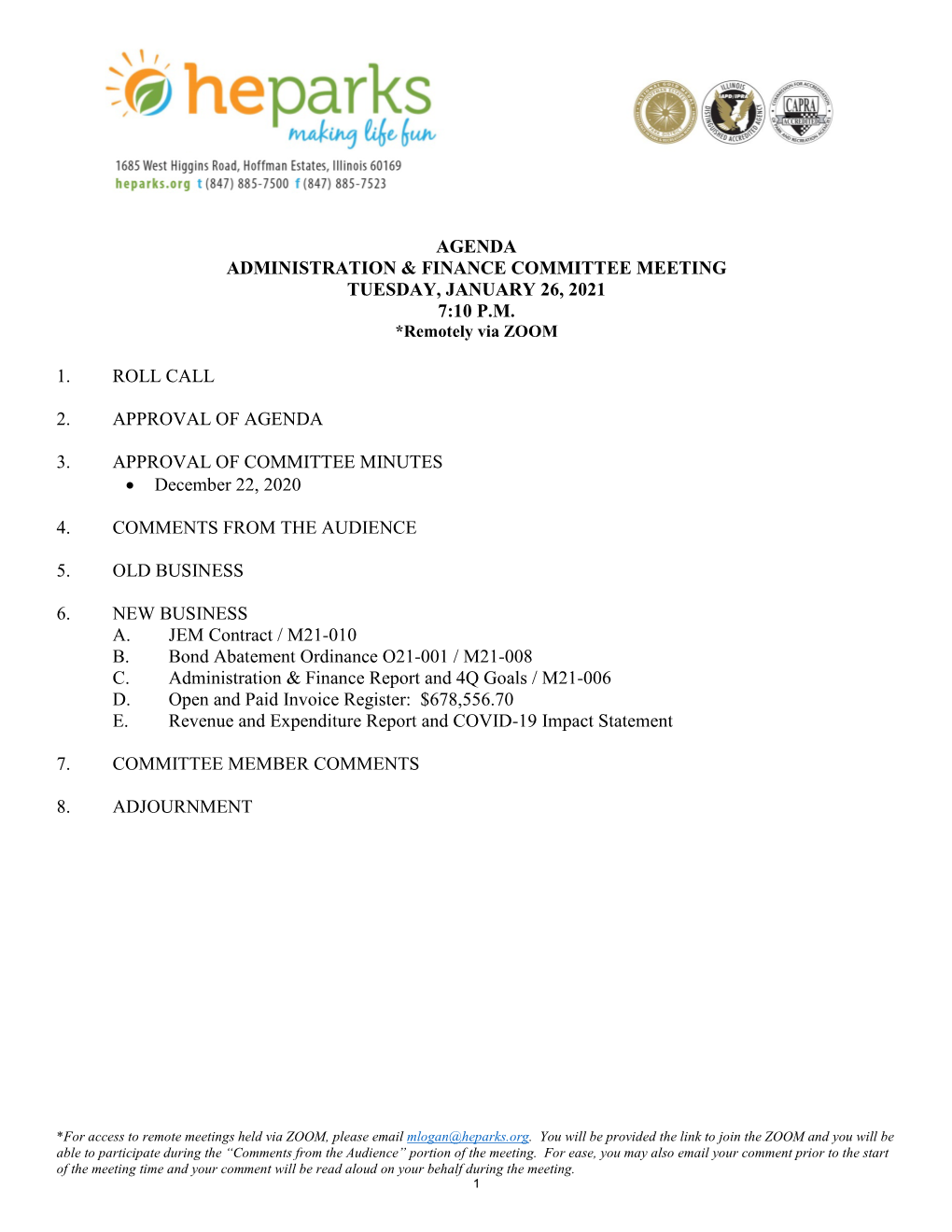 Agenda Administration & Finance Committee Meeting