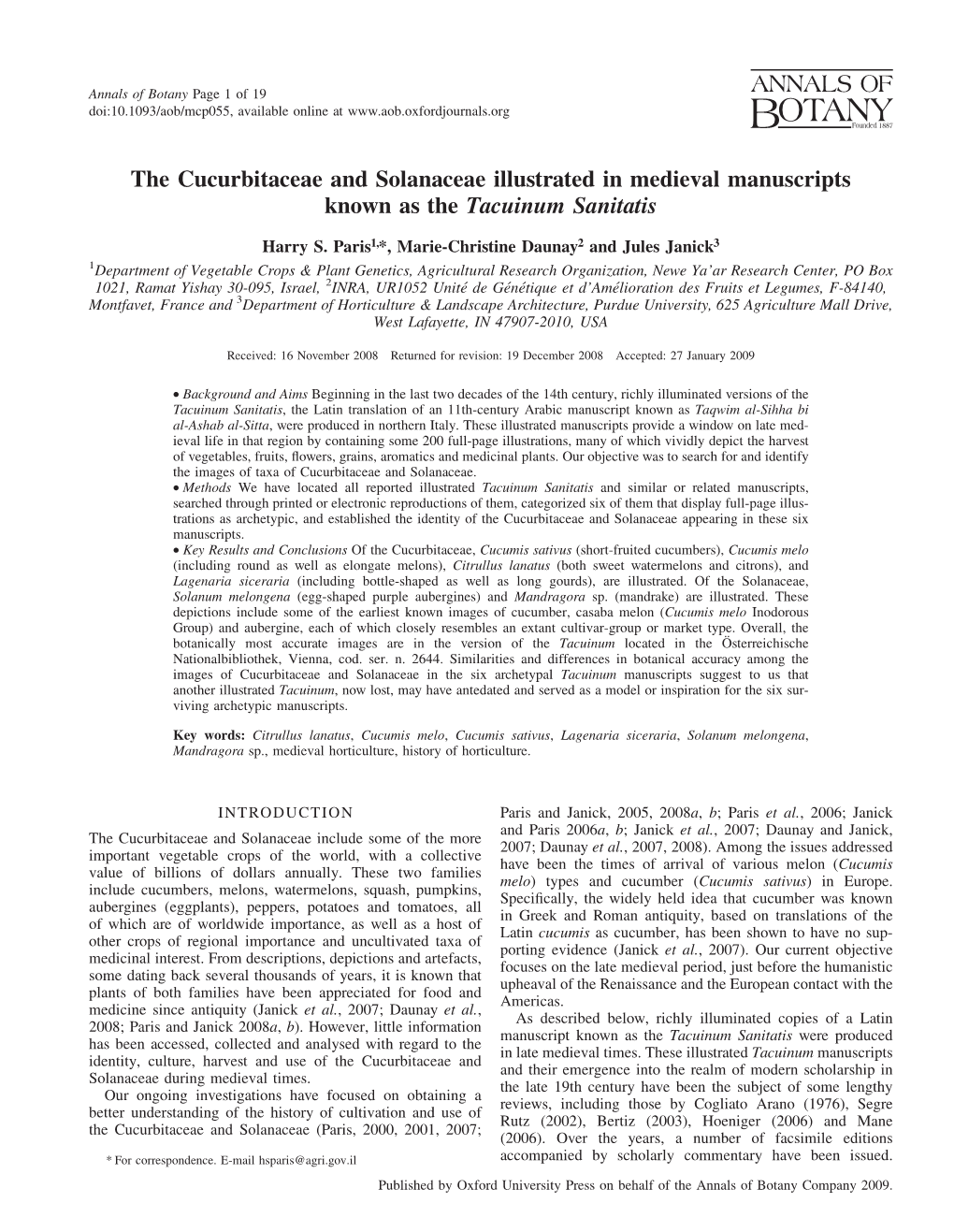 The Cucurbitaceae and Solanaceae Illustrated in Medieval Manuscripts Known As the Tacuinum Sanitatis