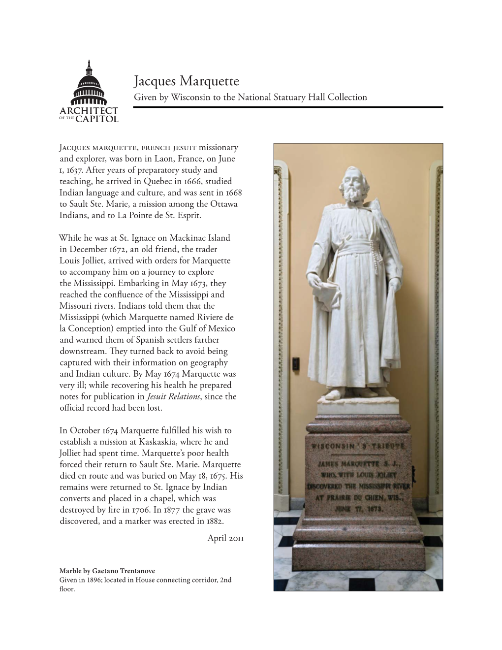 Jacques Marquette Given by Wisconsin to the National Statuary Hall Collection