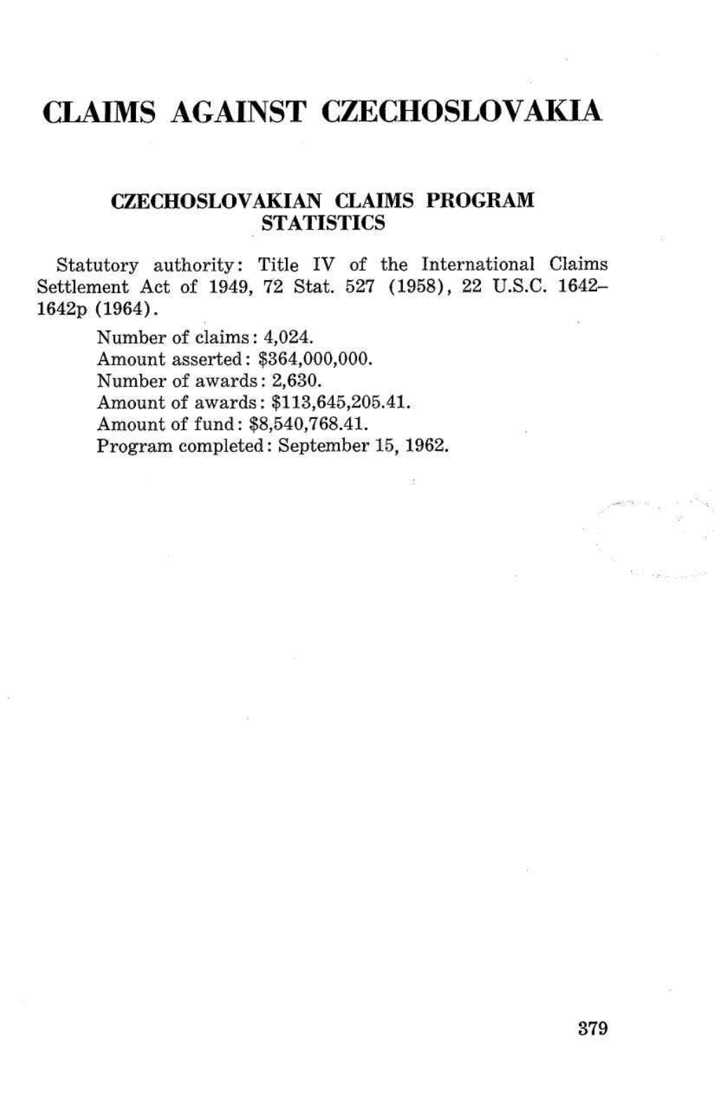 Claims Against Czechoslovakia Under Title IV of the 1949 Act