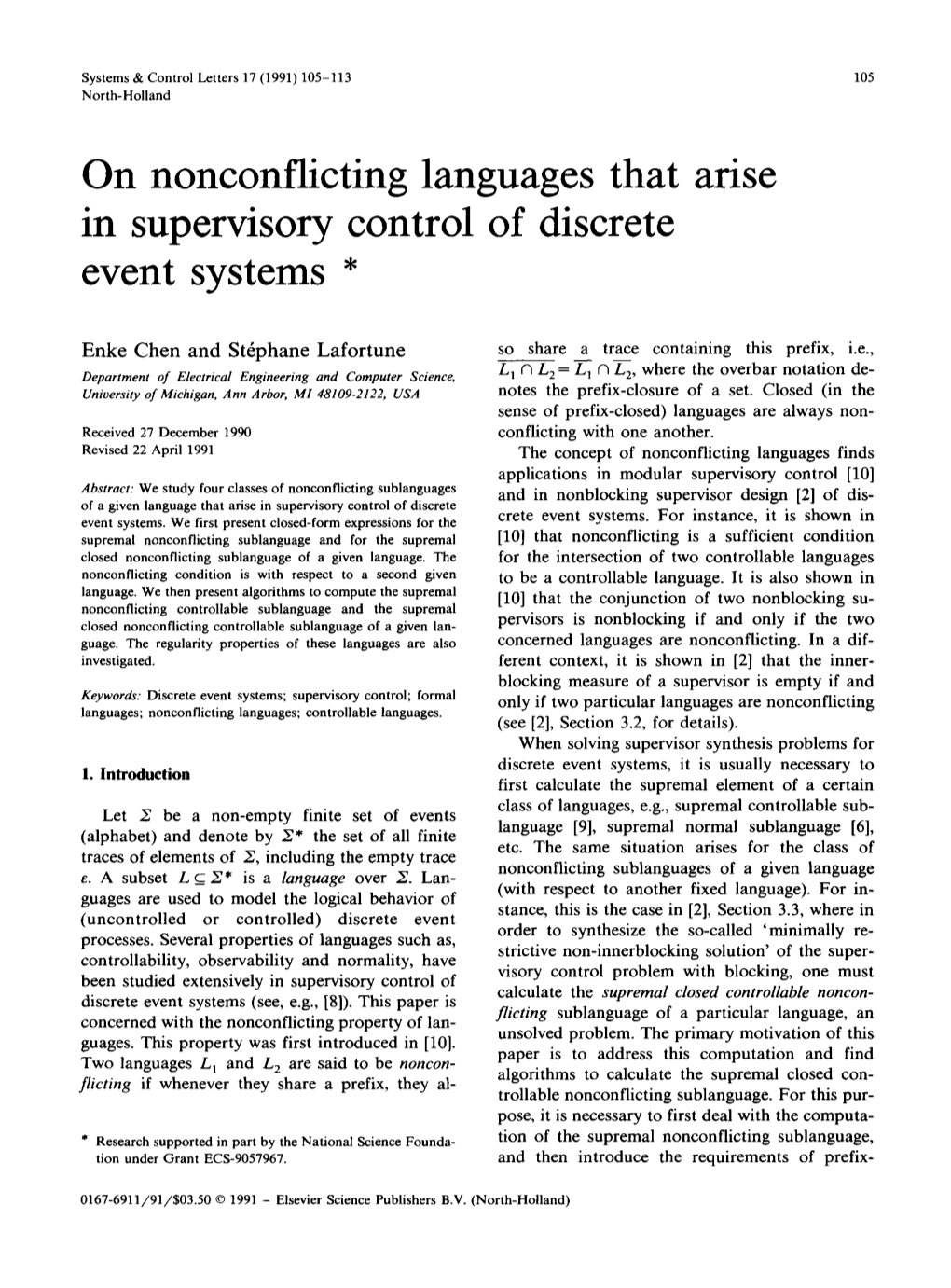 On Nonconflicting Languages That Arise in Supervisory Control of Discrete Event Systems *