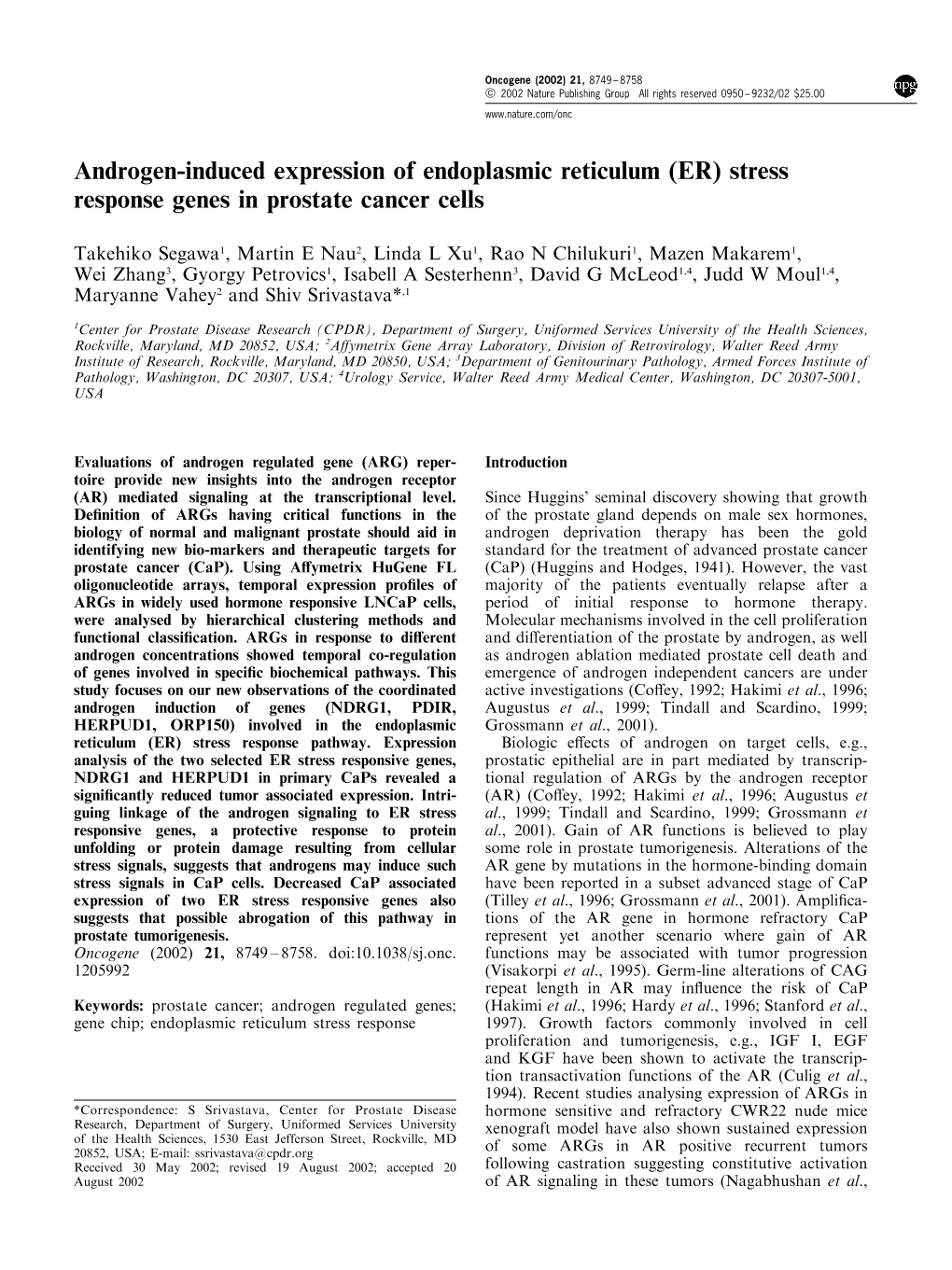 (ER) Stress Response Genes in Prostate Cancer Cells