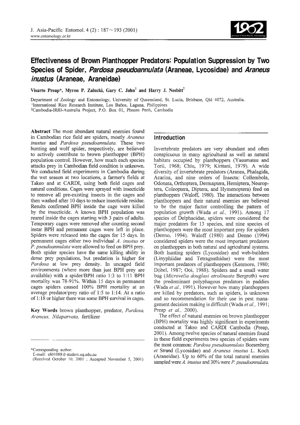 Effectiveness of Brown Planthopper Predators