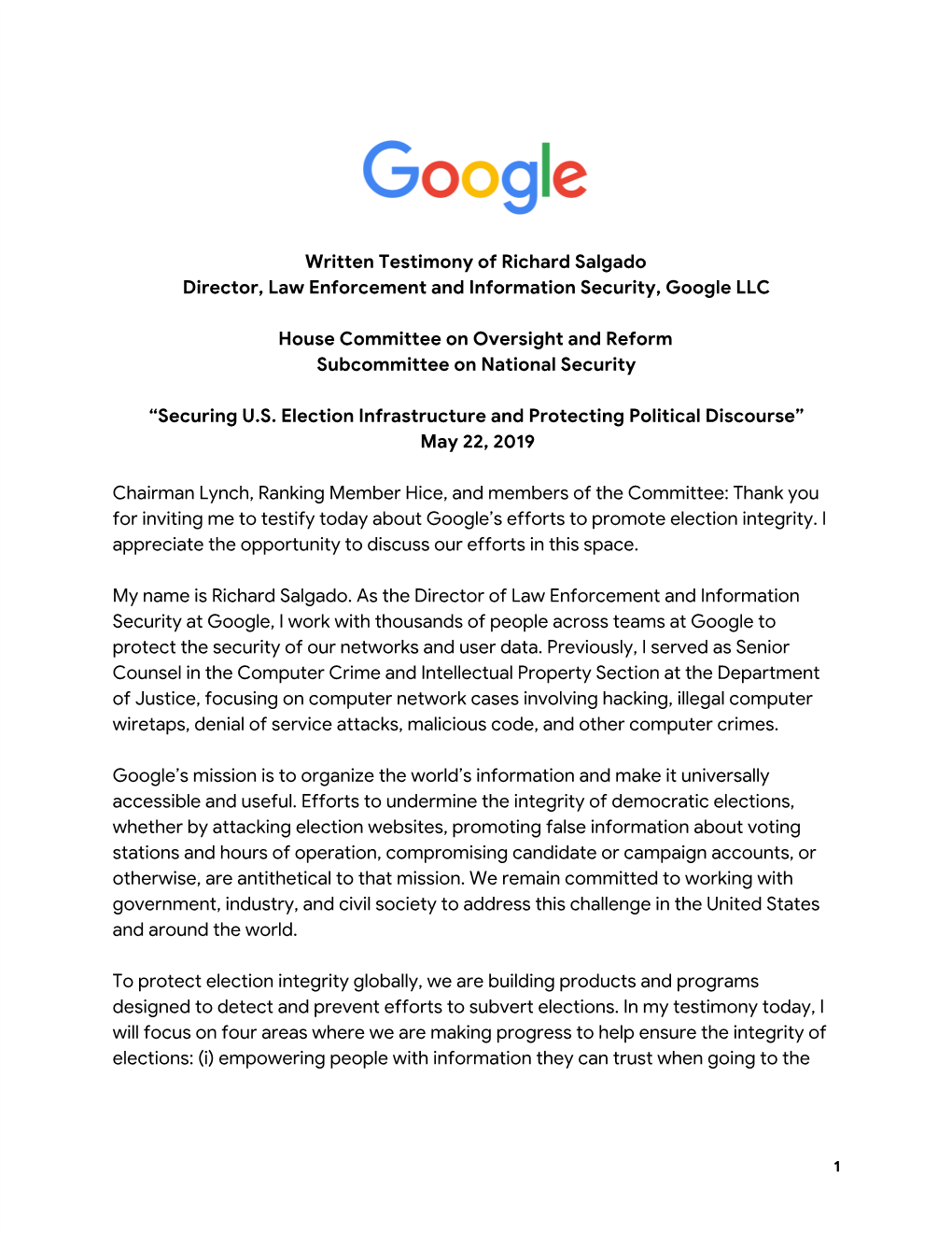 Written Testimony of Richard Salgado Director, Law Enforcement and Information Security, Google LLC
