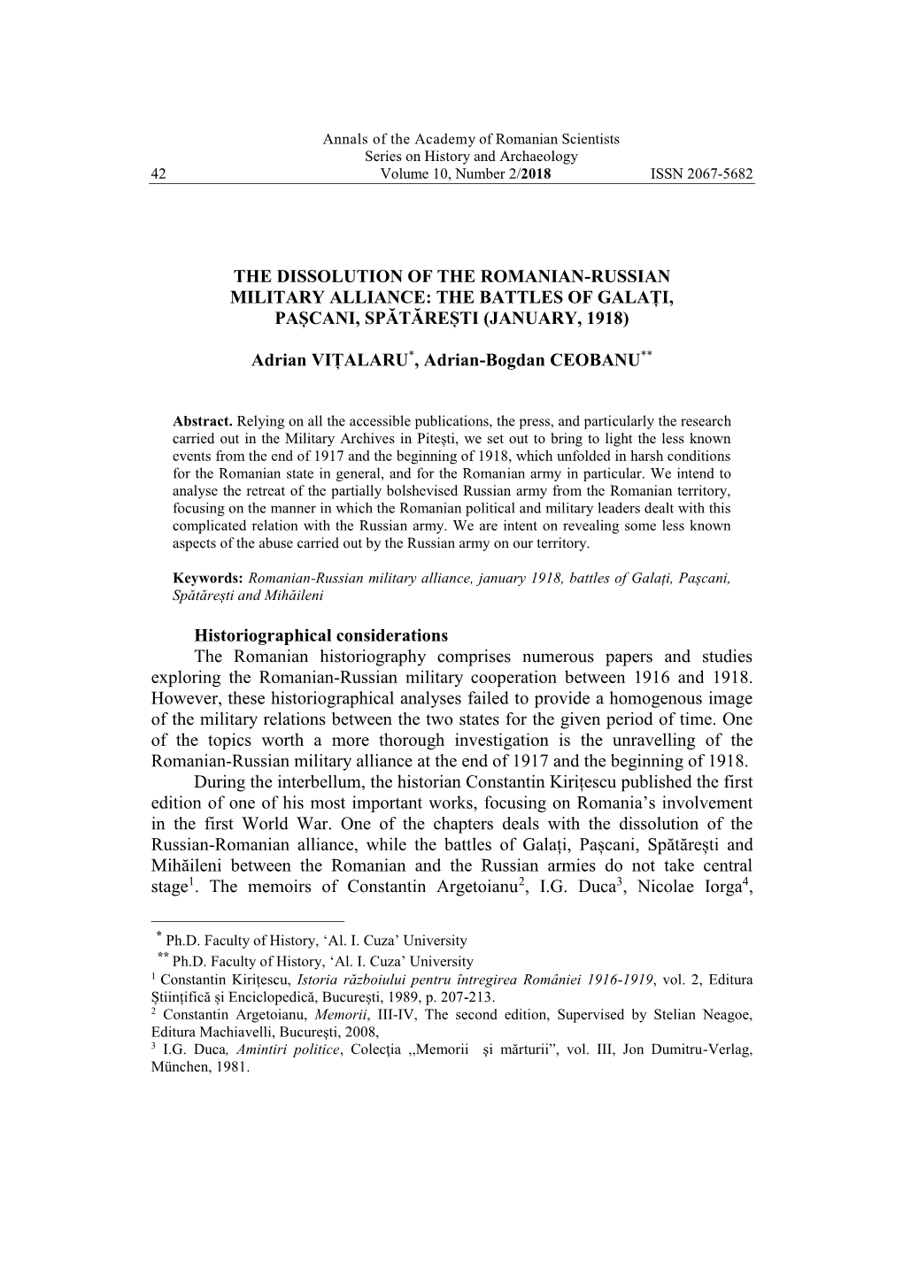 Academy of Romanian Scientists Series on History and Archaeology 42 Volume 10, Number 2/2018 ISSN 2067-5682