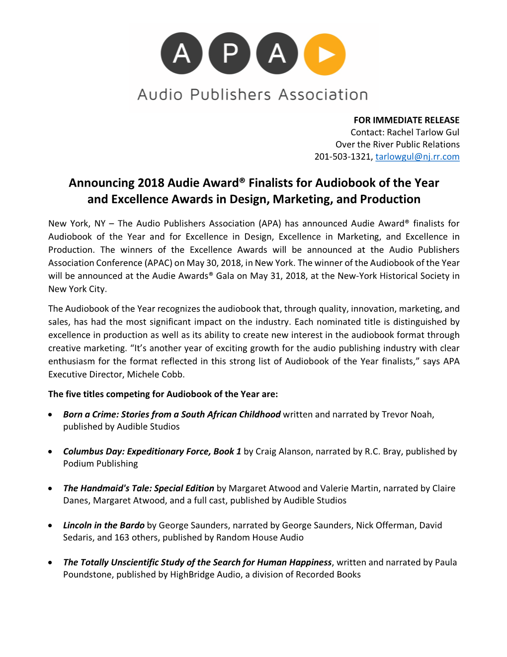 Announcing 2018 Audie Award® Finalists for Audiobook of the Year and Excellence Awards in Design, Marketing, and Production