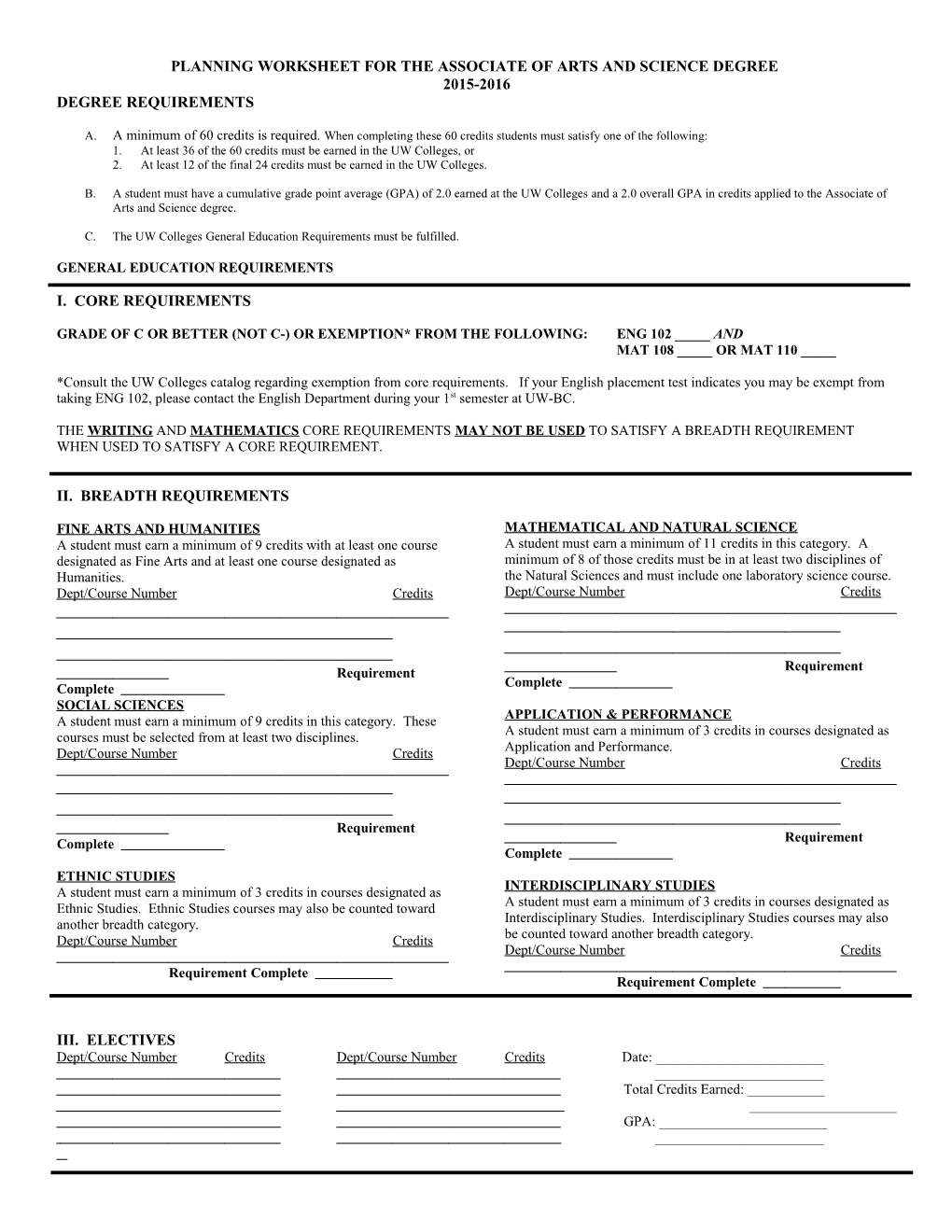 Planning Worksheet For The Associate Of Arts And Science Degree