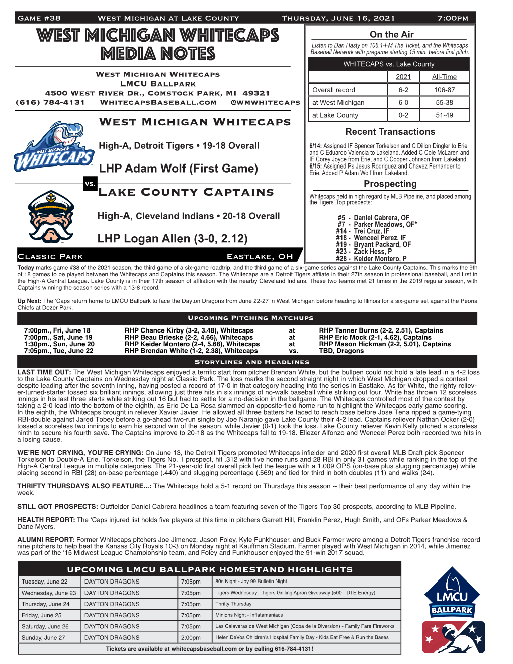 WEST MICHIGAN Whitecaps Media Notes