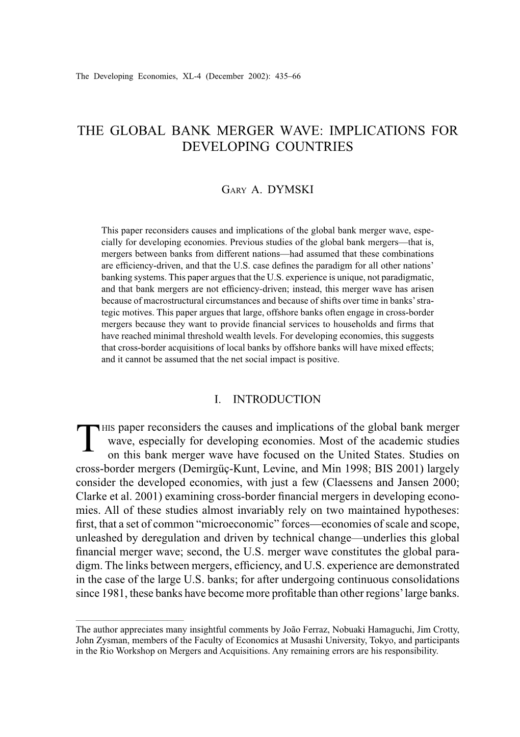 The Global Bank Merger Wave: Implications for Developing Countries