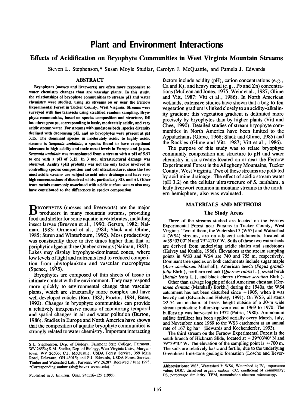 Effects of Acidification on Bryophyte Communities in West Virginia Mountain Streams