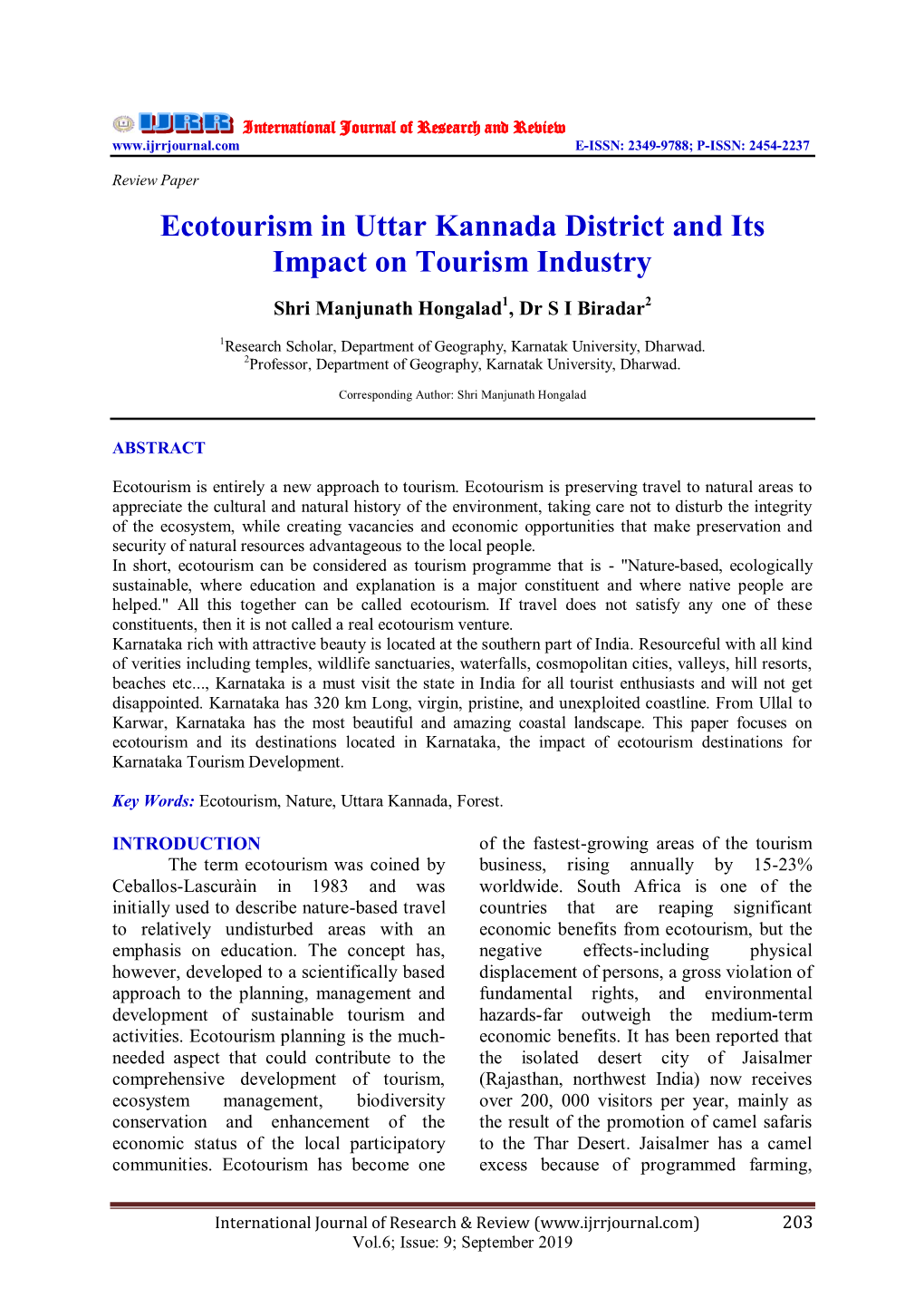 Ecotourism in Uttar Kannada District and Its Impact on Tourism Industry