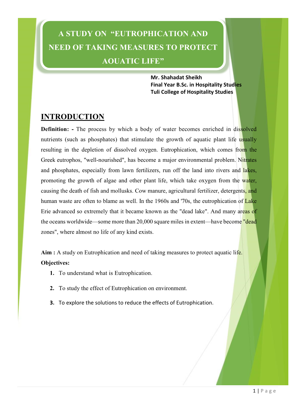 Introduction a Study on “Eutrophication and Need of Taking Measures to Protect Aquatic Life”