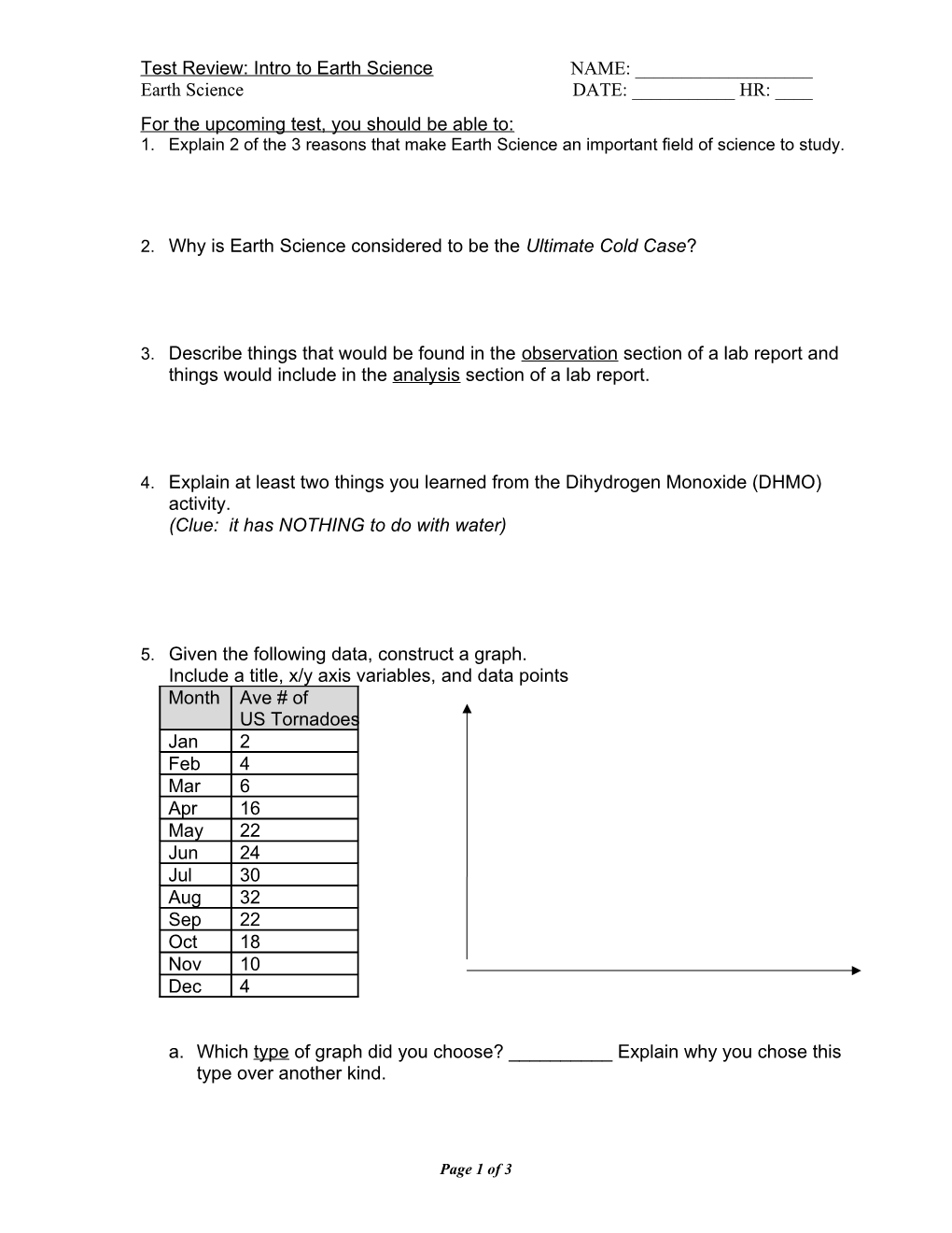 Earthical Science Review Sheet: TEST #1