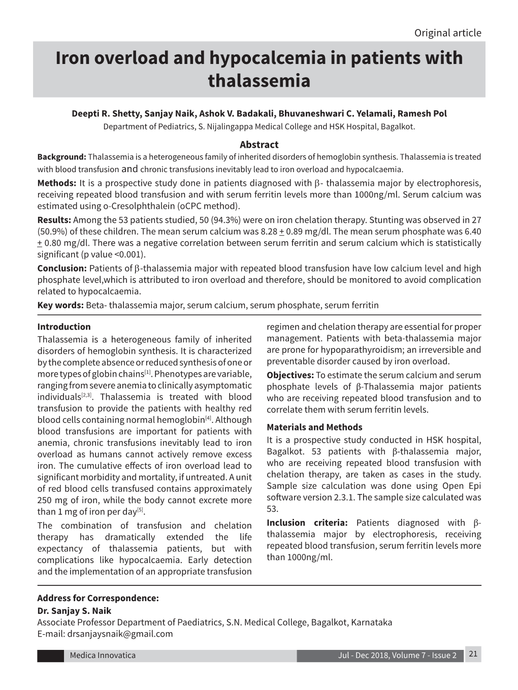 Iron Overload and Hypocalcemia in Patients with Thalassemia