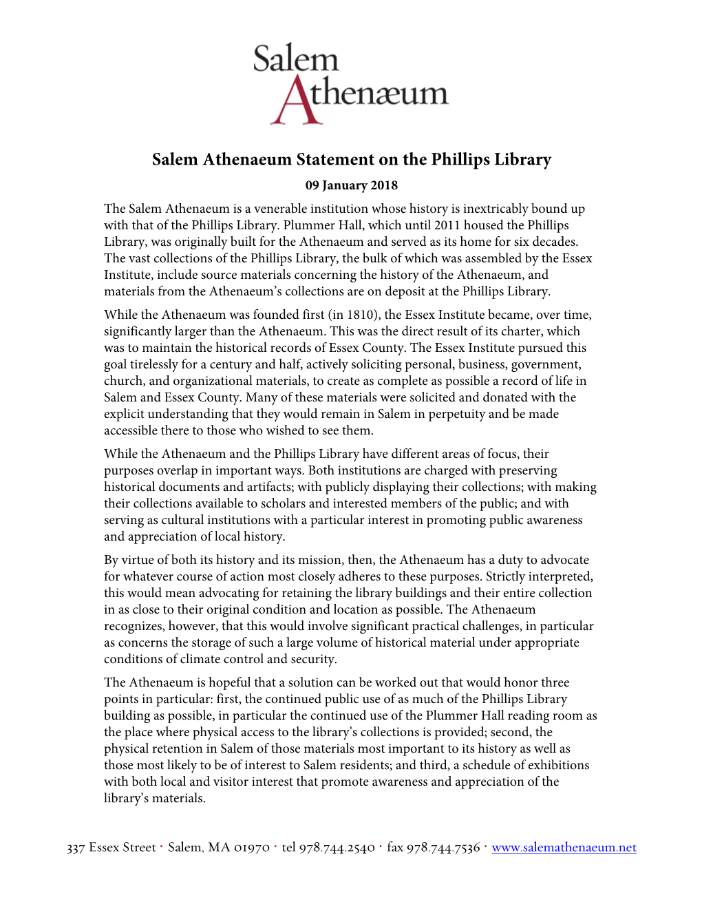 Salem Athenaeum Statement on the Phillips Library