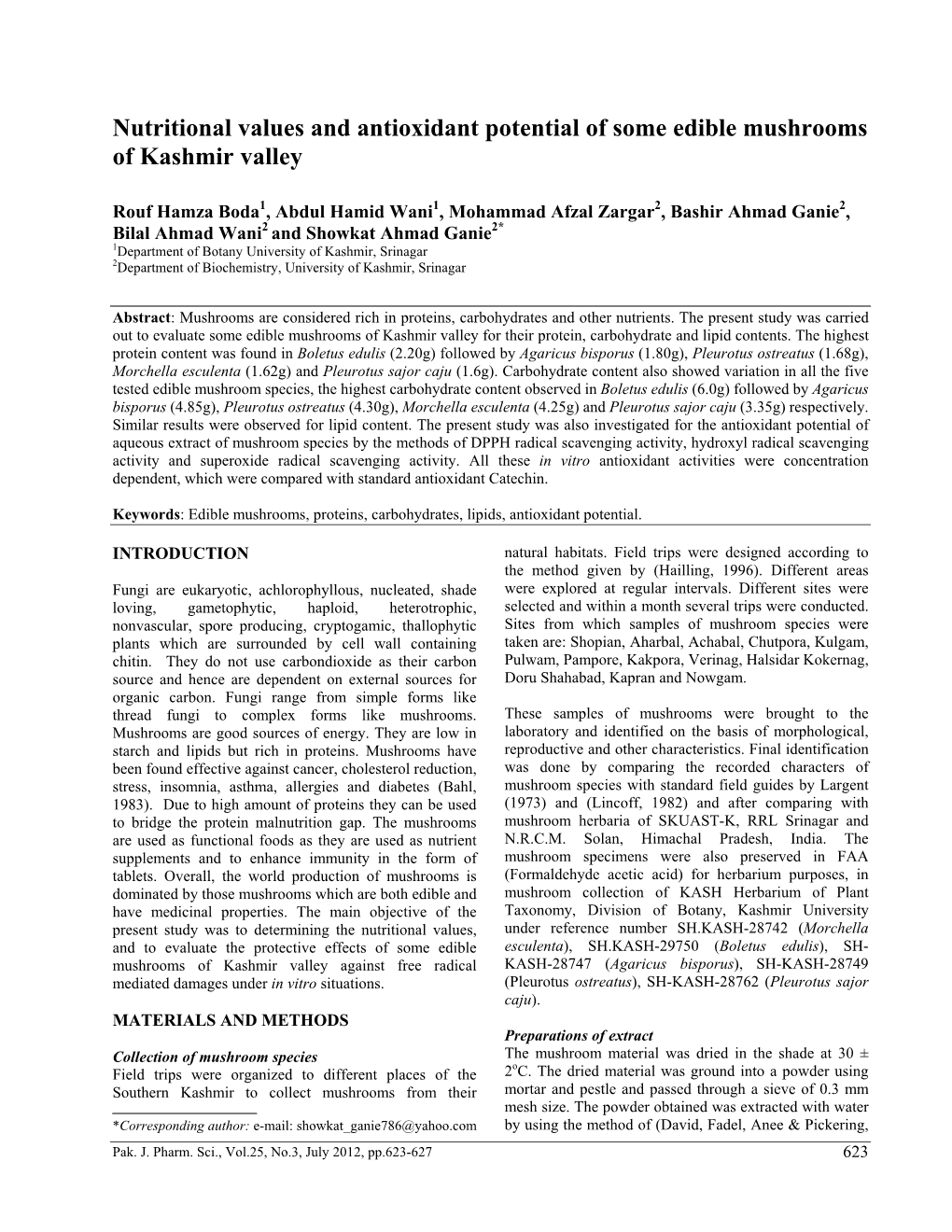 Nutritional Values and Antioxidant Potential of Some Edible Mushrooms of Kashmir Valley