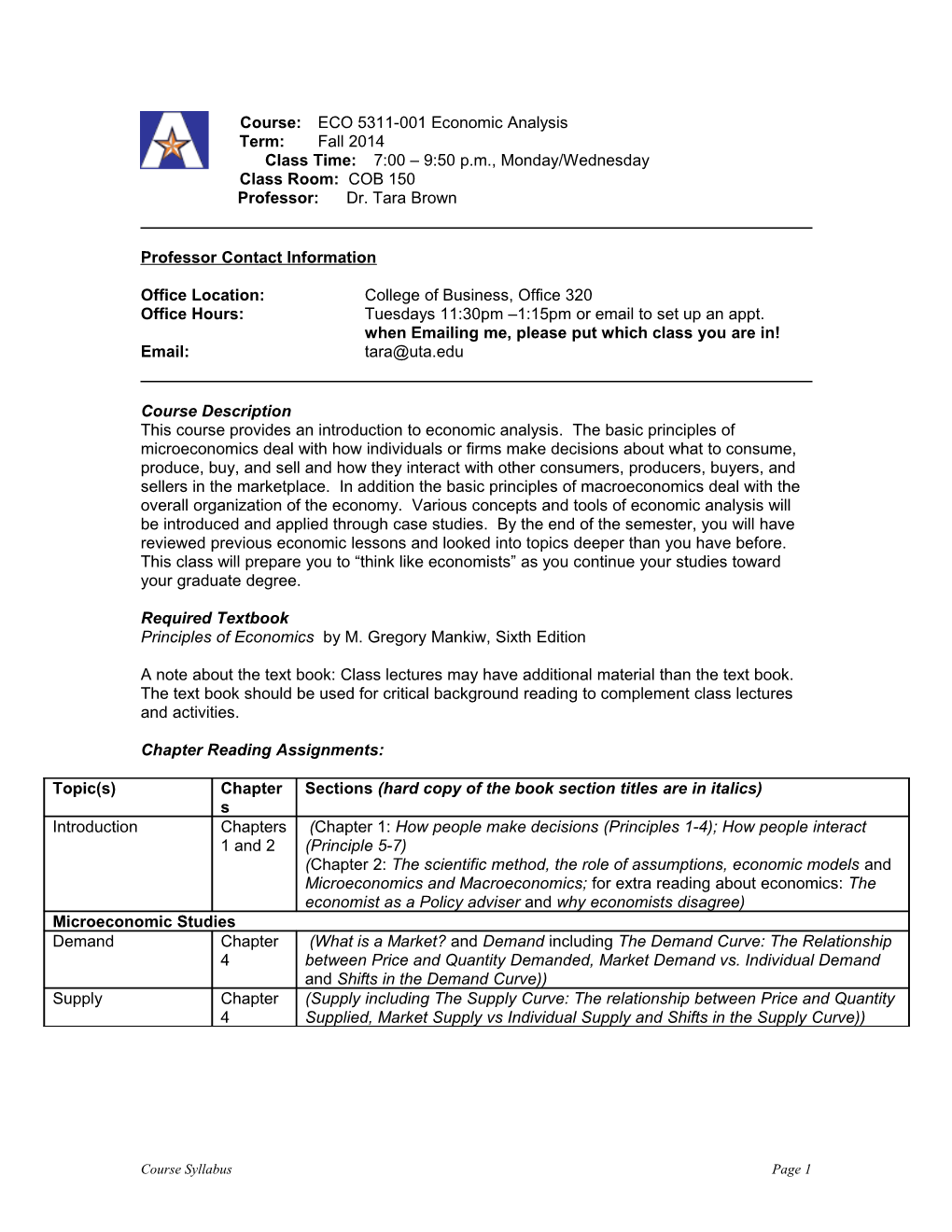 Course: ECO 5311-001 Economic Analysis