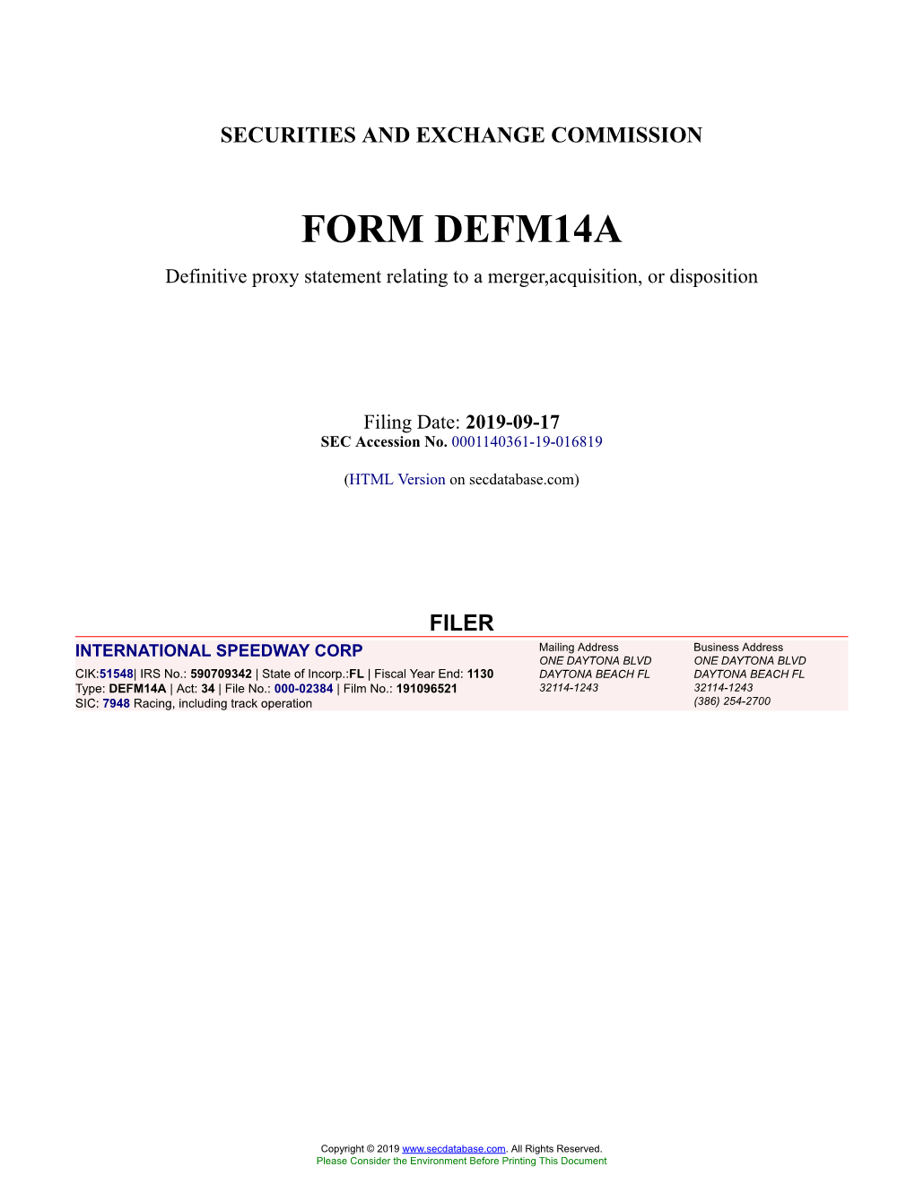 INTERNATIONAL SPEEDWAY CORP Form DEFM14A Filed 2019-09-17