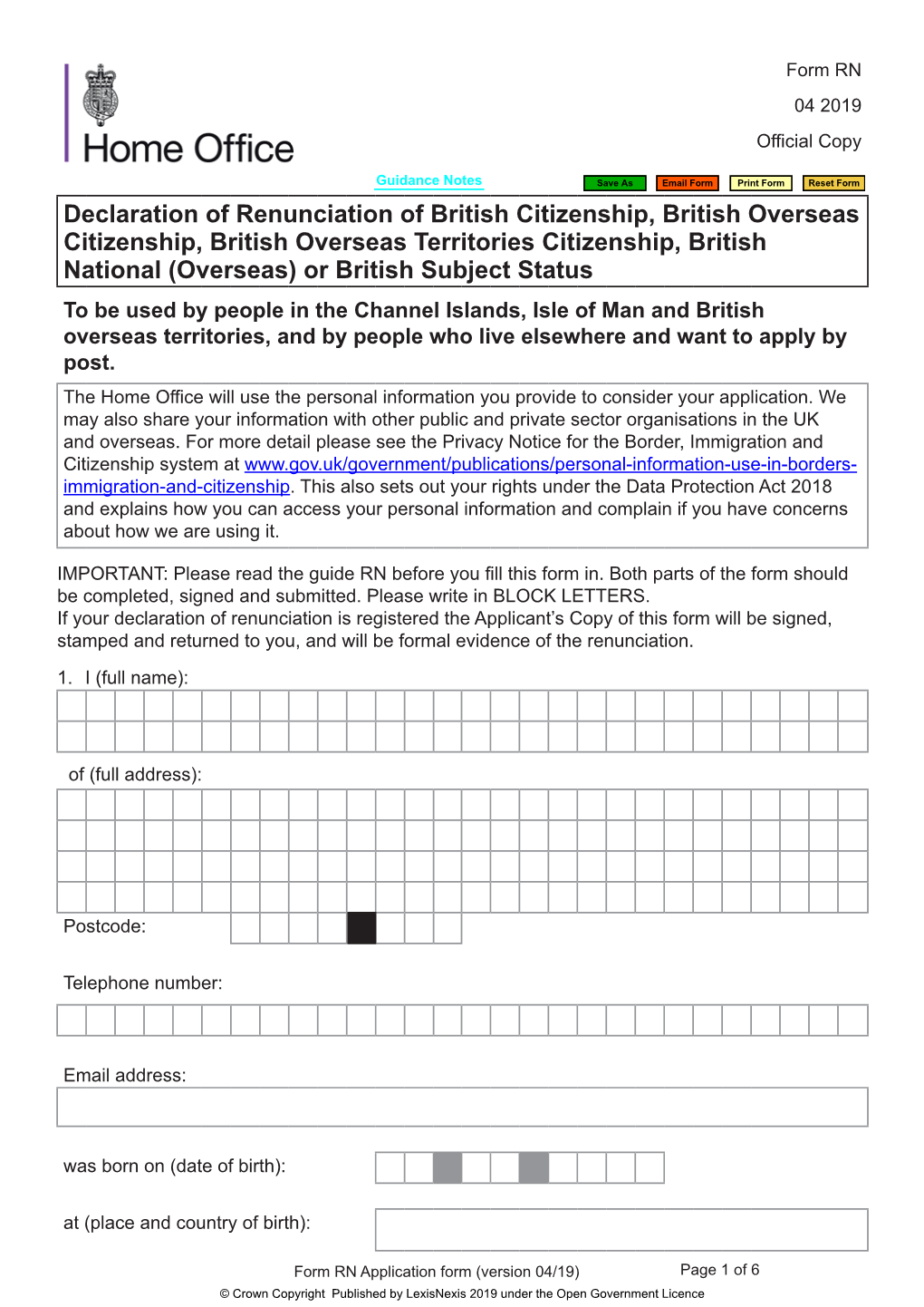 Declaration of Renunciation of British Citizenship, British Overseas