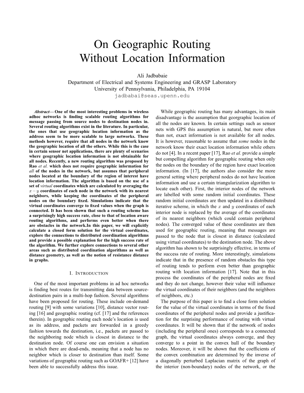 On Geographic Routing Without Location Information