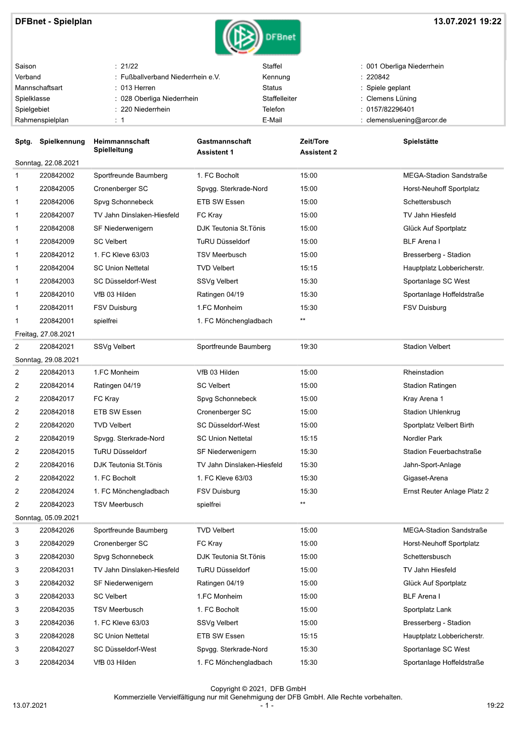 Spielplan Oberliga 2021/2022