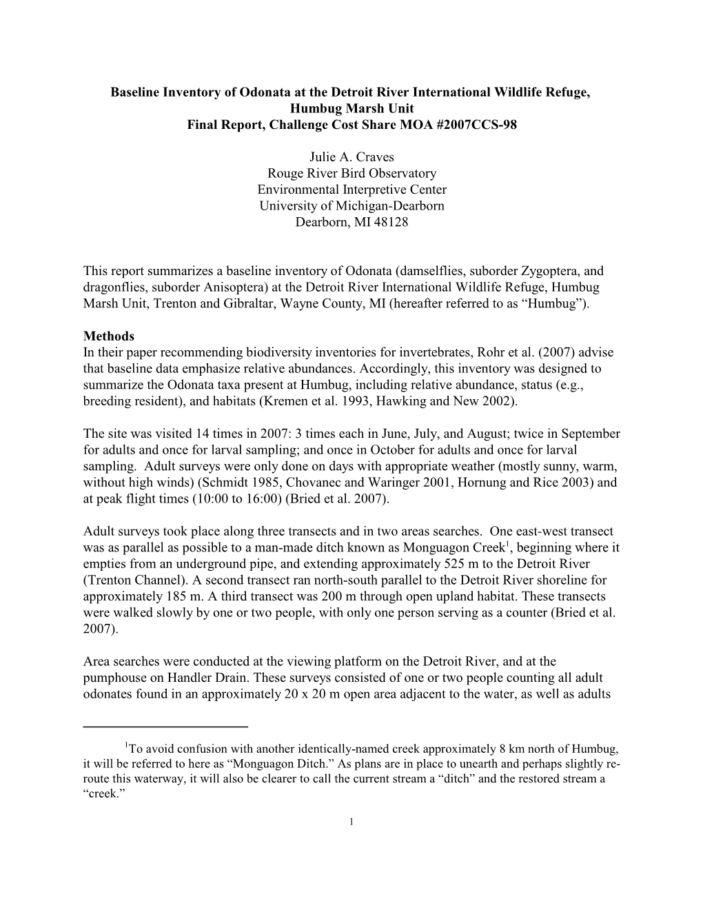 Baseline Inventory of Odonata at the Detroit River International Wildlife Refuge, Humbug Marsh Unit Final Report, Challenge Cost Share MOA #2007CCS-98