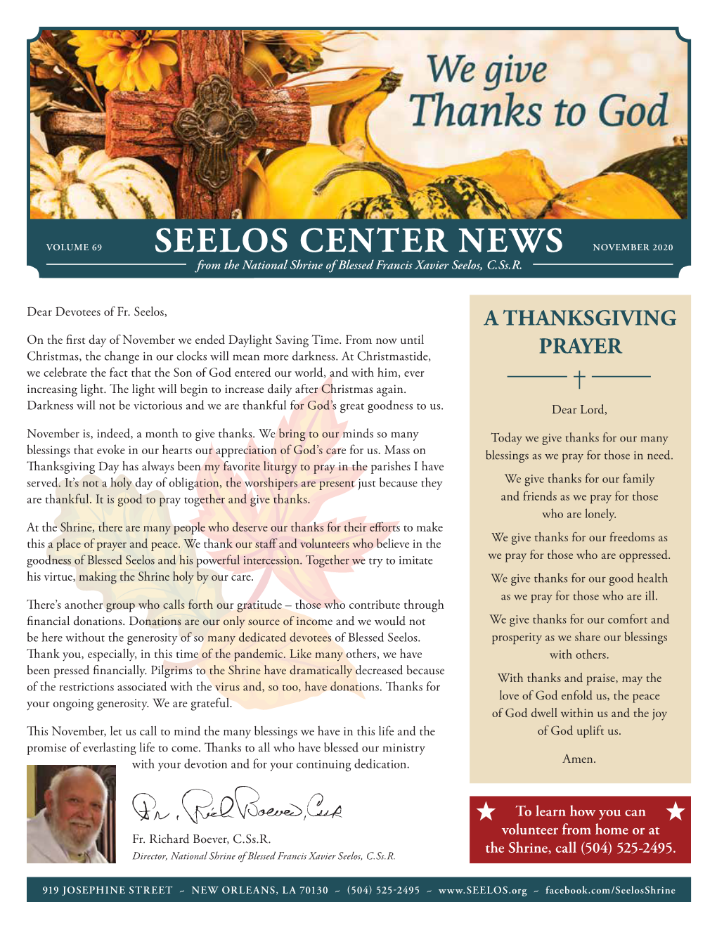 SEELOS CENTER NEWS NOVEMBER 2020 from the National Shrine of Blessed Francis Xavier Seelos, C.Ss.R