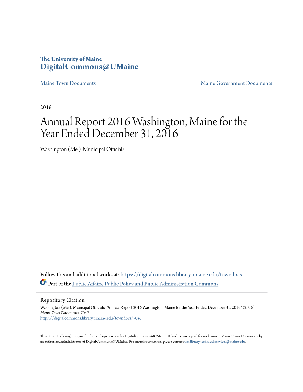 Annual Report 2016 Washington, Maine for the Year Ended December 31, 2016 Washington (Me.)