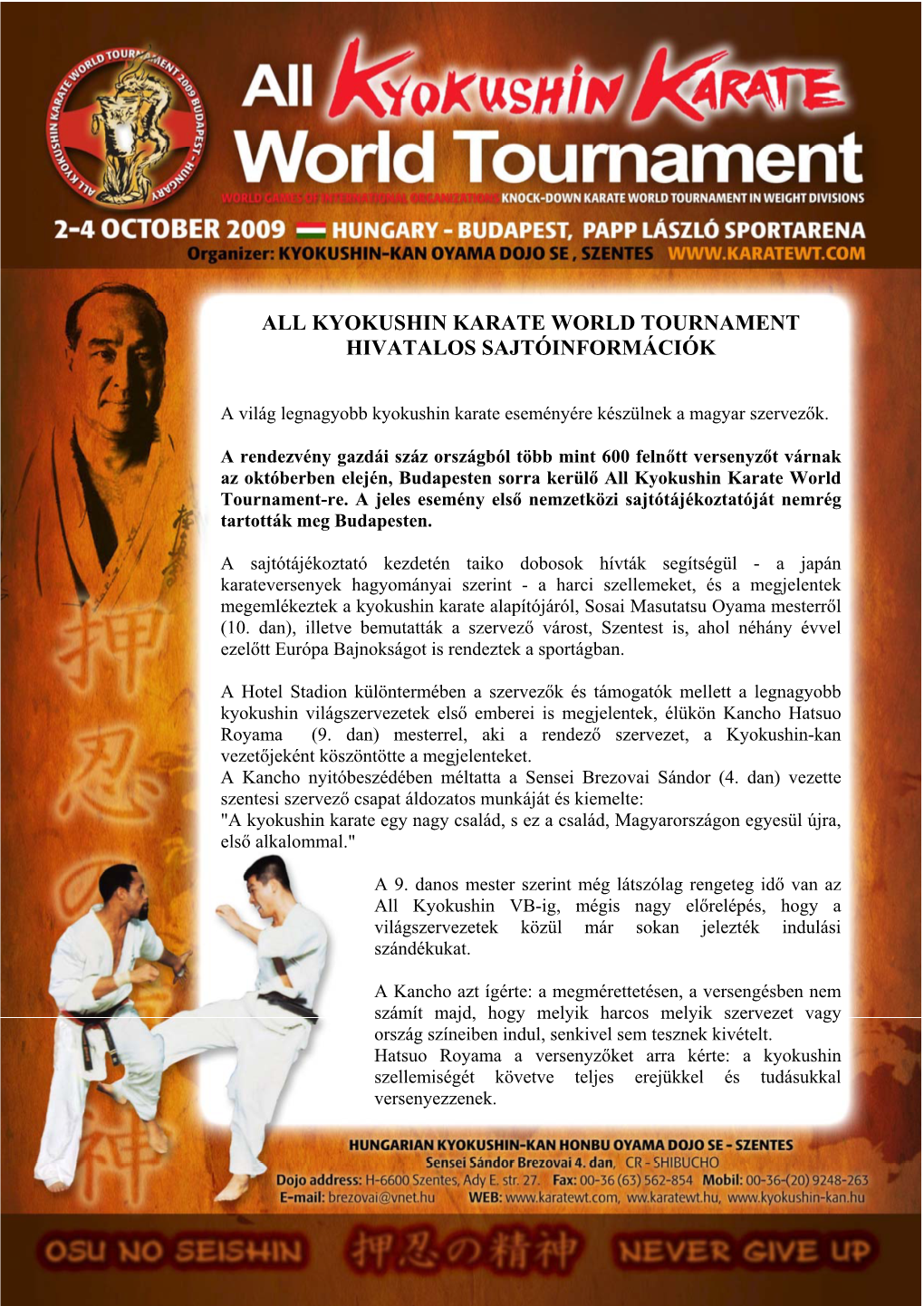 Kyokushin Karate World Tournament Hivatalos Sajtóinformációk