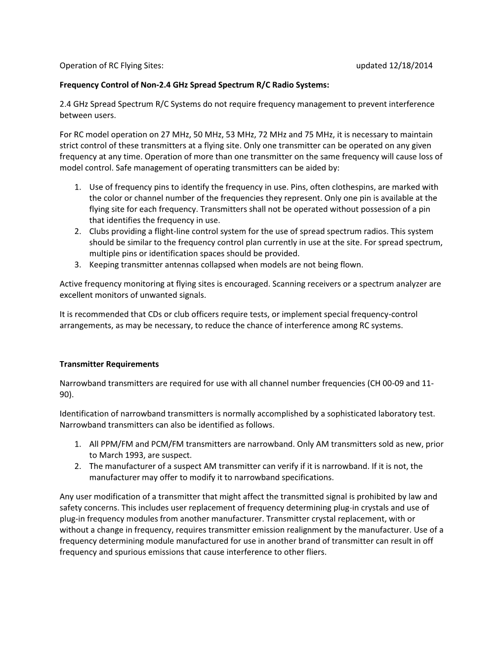 Frequency Control of Non-2.4 Ghz Spread Spectrum R/C Radio Systems