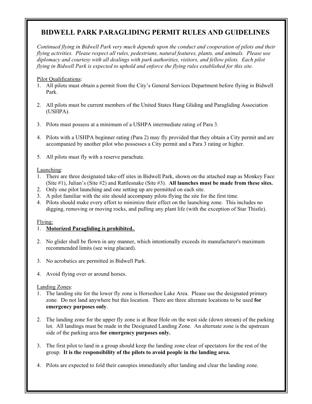 Bidwell Park Paragliding Permit Rules and Guidelines