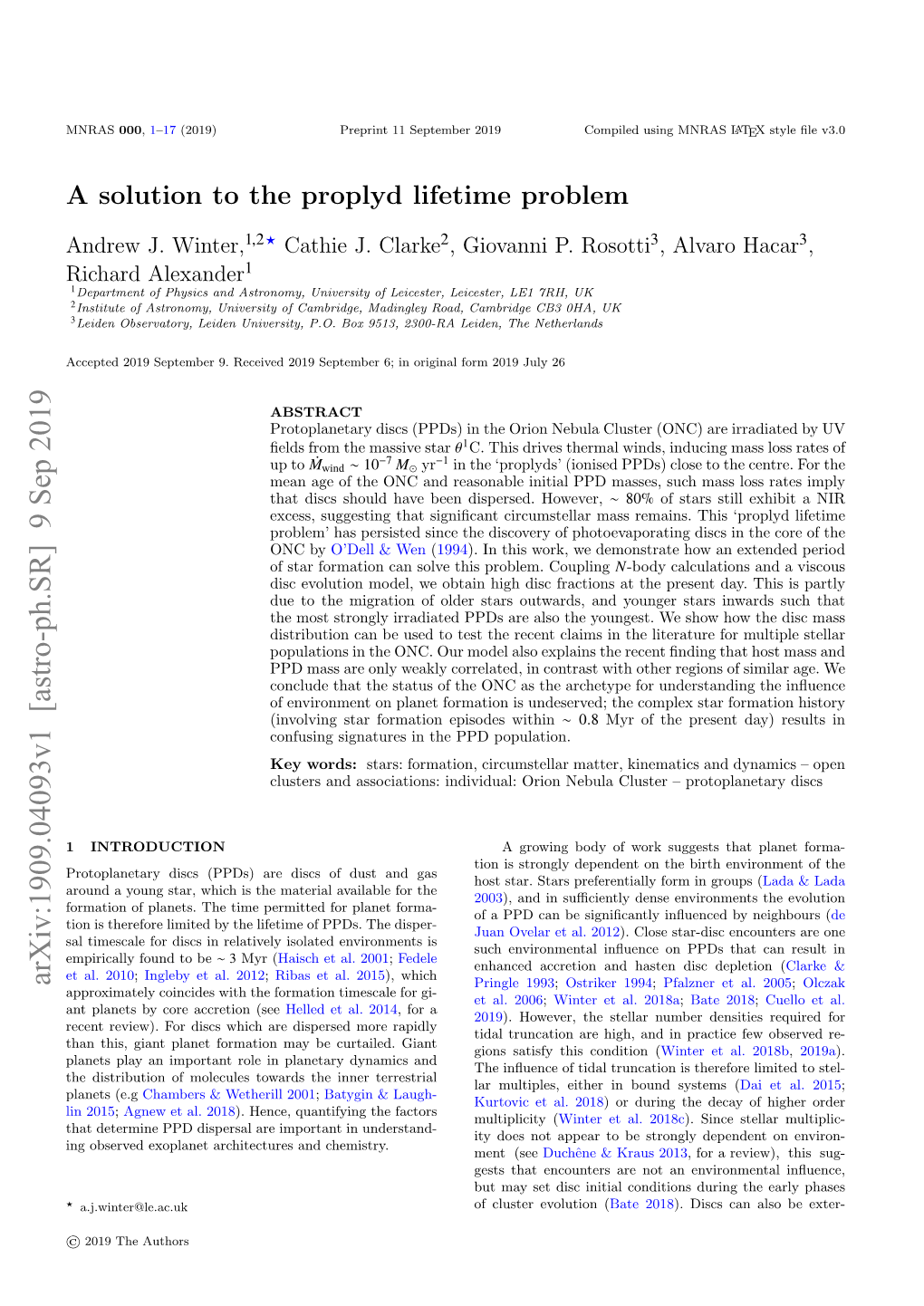 Arxiv:1909.04093V1 [Astro-Ph.SR] 9 Sep 2019 Pringle 1993; Ostriker 1994; Pfalzner Et Al