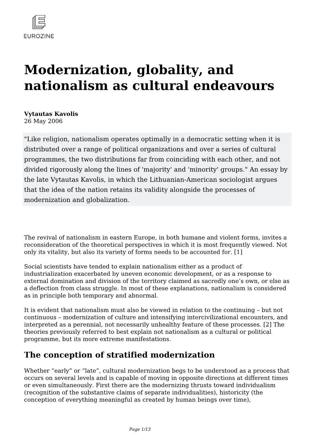 Modernization, Globality, and Nationalism As Cultural Endeavours