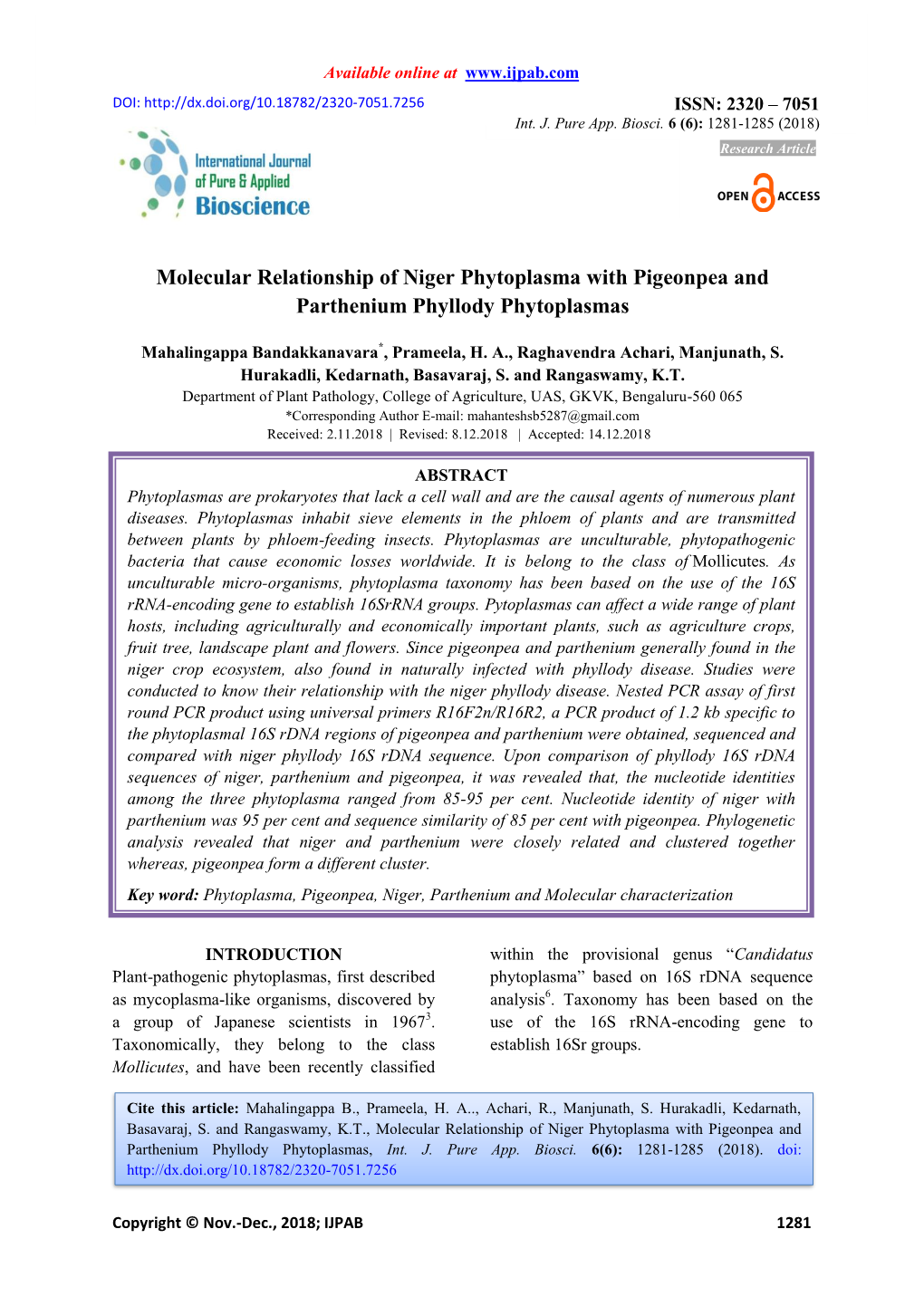 Molecular Relationship of Niger Phytoplasma with Pigeonpea and Parthenium Phyllody Phytoplasmas