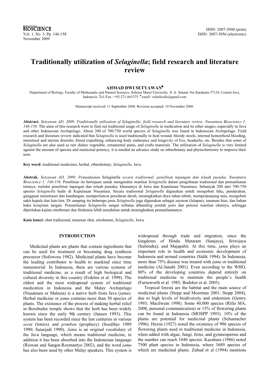 Traditionally Utilization of Selaginella; Field Research and Literature Review