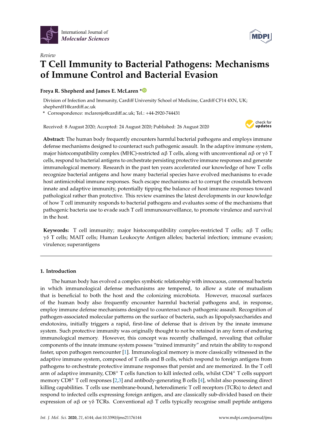 T Cell Immunity to Bacterial Pathogens: Mechanisms of Immune Control and Bacterial Evasion